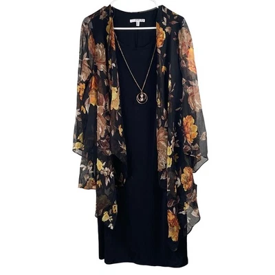 Studio One Dress Womens XL Floral Faux Jacket Dress with Necklace Midi Fall - Image 1 of 4