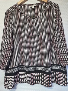 Dana Buchman Women’s Blouse XL Black Red White Geometric Print 3/4 Sleeve Tunic - Picture 1 of 10