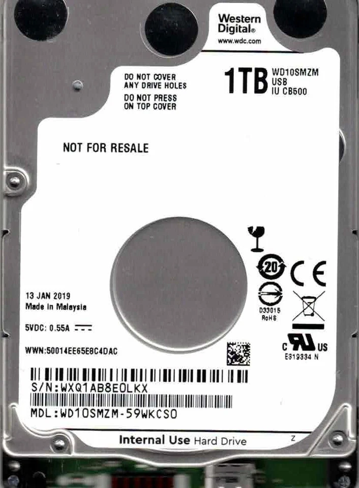 WD10SMZM-59WKCS0,  USB-C   WESTERN DIGITAL SATA 1TB  WXQ1  JAN 2019 - Image 1 of 1