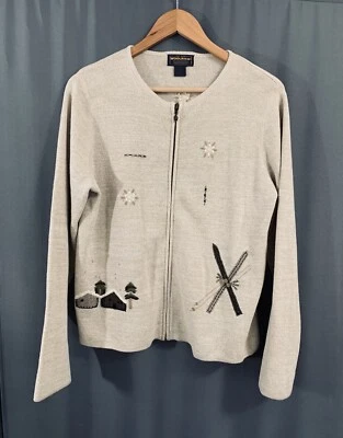 Cárdigan nórdico bordado Woolrich vintage para mujer grande tostado cremallera completa suéter Foto 1 de 4