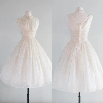 Short Wedding Dresses Vintage Tea Length Sleeves 1950s A Line Retro Bridal Gowns - Image 1 of 4