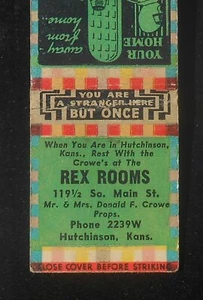 1940s Rex Rooms Donald F. Crowe Phone 2239W 119½ So. Main St. Hutchinson KS Reno - Picture 1 of 1