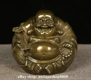 5.6" Collection Old China Bronze Brass Happy Laugh Maitreya Buddha Ruyi Statue - Picture 1 of 8