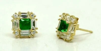 PENDIENTES DE ZAFIRO BLANCO Y ESMERALDA CREADOS EN LABORATORIO ORO MACIZO 14 - Hechos en EE. UU. Foto 1 de 4