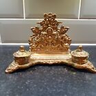 Vintage embossed twin Brass Inkwell With letter Rack