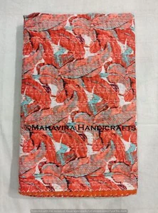 Estampado de Hojas 100% Algodón Puro Naranja Kantha Colcha Doble Tamaño Colcha - Imagen 1 de 5
