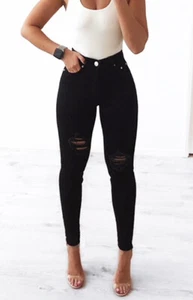 WAKEE BLACK HIGH RISE SKINNY LEG JEANS WITH RIPS. SIZE 6-16 - Picture 1 of 2