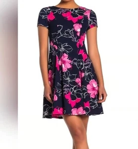 Eliza J Navy Blue Pink Floral A Line Cap Sleeve Back Zip Knit Dress Size 8 - Picture 1 of 11