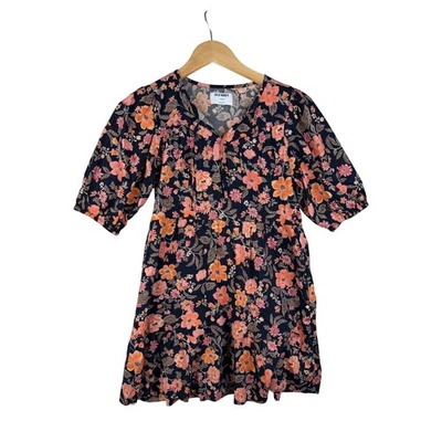 Old Navy Girls Floral Print Puff Sleeve Swing Dress size Large Black/Orange - Image 1 of 4