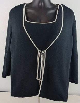 Кабель калибра женщин 2 X черный белый слоистый вид 3/4 рукав галстук спереди вязаный блузка - Изображение 1 из 4