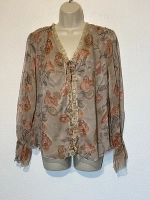 Blusa de seda Missoni floral manga larga talla XL con cordones delanteros beige defecto de coqueta Foto 1 de 4