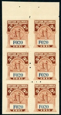 CANADA REVENUE 1915 BRITISH COLUMBIA TELEPHONE #BCT55, PANE OF 6 WITH TAB ! E28 - Image 1 of 2