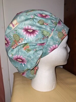 Teal w/ Flowers and Butterflies Medical Surgical Bouffant Scrub Hat SIZE Large - Image 1 of 2