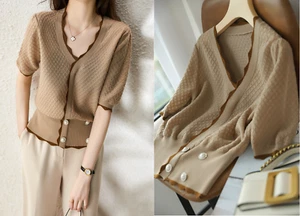 Blusa top cárdigan de algodón con botones delanteros de punto para mujer manga corta - Imagen 1 de 8