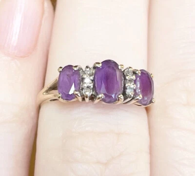 Anillo de oro amarillo de 14k triple triple triple diamante amatista púrpura ovalado vintage Foto 1 de 4