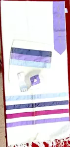 Beige wool Tallit handmade on borders purple, blue and red silk straps & collar - Picture 1 of 5