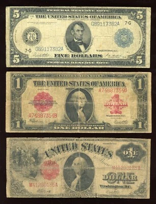 Set of $5 1914 Blue Seal  $1  1923 Red Seal  Horseblanket and 1917 Legal Tender - Image 1 of 2