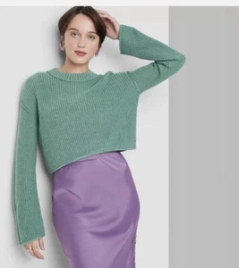 Women’s Wild Fable Cropped Long Sleeve Rolled Hem Sweater Green Size XXS NWT - Picture 1 of 8