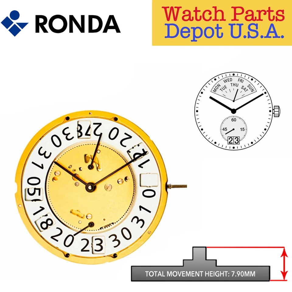 Genuine Ronda 7004N Watch Movement Swiss Made 2 Hands Date at 6