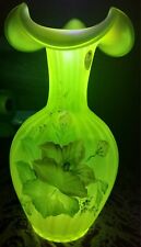 Fenton Iridized Topaz Vaseline Opalescent Satin Vase Hand Painted Signed Uranium