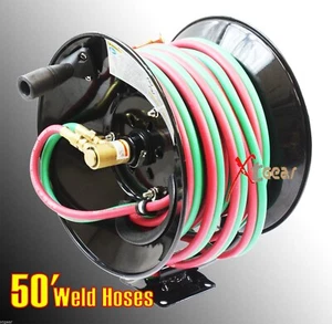 300psi 50' Manual Twin Oxy Acetylene Welding Hose Reel Mount 50ft Weld Hoses - Picture 1 of 5