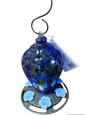 New Nature's Way Artisan Gravity Glass Hummingbird Feeder Blue & Yellow Glass - Image 1 of 4
