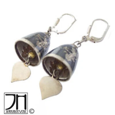 Siam Tula Niello Sterling Silber Ohrringe Emaille Glocke Herz Tänzerin - Bild 1 von 4