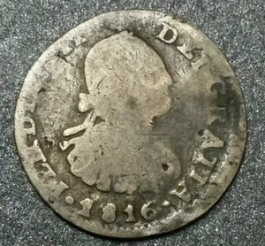 Cile 1816 FJ 1/2 vero ferdinando fresato busto coloniale gara legale moneta argento - Foto 1 di 4