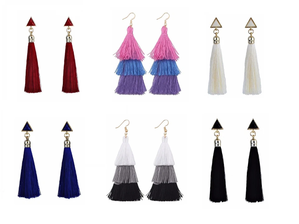 Premium Earrings Drop Dangle and Layered Tassel Style in Black Red White Blue UK - Image 1 of 1