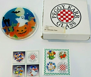 Peggy Karr Halloween Katze Geist Kürbisse Fledermaus kleiner Teller Schmelzglas 5,5" signiert - Bild 1 von 12