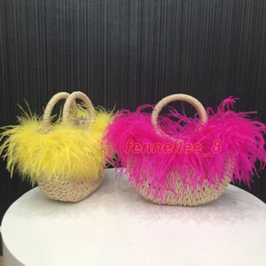 Women Ostrich Feather Beach Handbag Woven Straw Bag Shoulder Messenger Bag Pouch - Picture 1 of 18