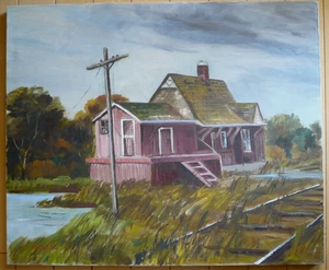 MAKIKO. VINTAGE IMPRESSIONIST PLEIN AIR TRAIN TRACKS OLD TRAIN STATION ABANDONED - Picture 1 of 10