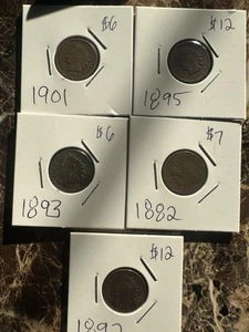 5 Indian Head Pennys 1882 To 1901 - Picture 1 of 12