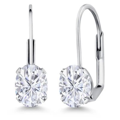 White Moissanite Rhodium Plated Leverback Earrings For Women (1.80 Cttw, - Image 1 of 4