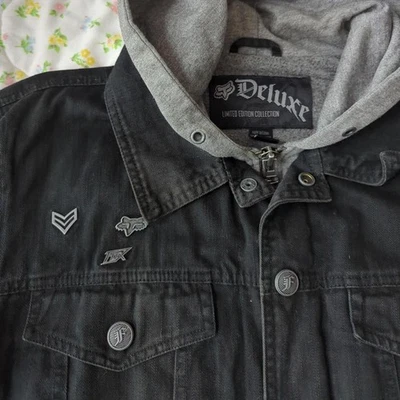 Black Denim hoodie-lined coat with embellishings by Fox Racing, men's S - Image 1 of 4