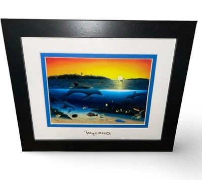 Golfinhos estampados em folha "águas tropicais quentes" com moldura personalizada por Wyland pôr do sol - Imagem 1 de 2