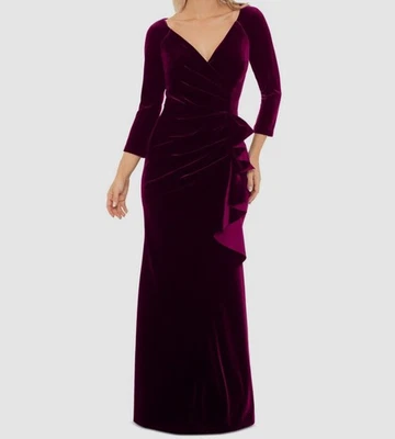 Vestido feminino Xscape roxo decote em V com babado na frente manga comprida tamanho 12 - Imagem 1 de 2