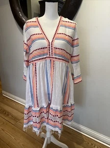 Lemlem Size M Hiwot Striped Dress Fringe Bell 3/4 Sleeve V Neck Flutter - Picture 1 of 12