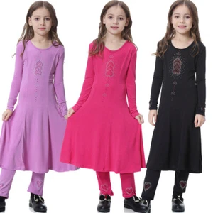 Kids Abaya Muslim Prayer Maxi Dress Girls Pants Robe 2-Piece Set Islamic Kaftan - Picture 1 of 60