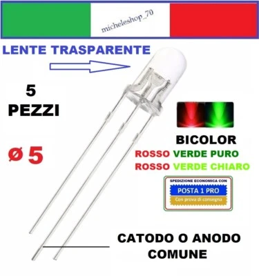 diodo led bicolore rosso/verde 3pin catodo/anodo comune ø 5mm lente trasparente - Immagine 1 di 4