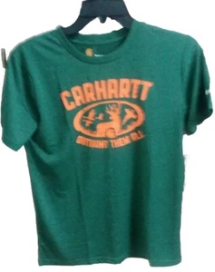 Carhartt T-shirt Boys S 8/10 Green “Out Hunt Them All” Deer Buck Picture NWT - Picture 1 of 5