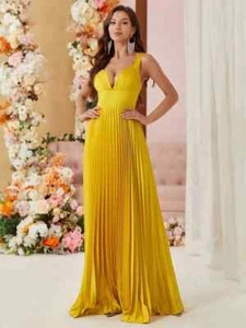 SHEIN Belle elegantes plissiertes auffälliges gelbes Damen-Abendkleid Trägertop - Bild 1 von 7