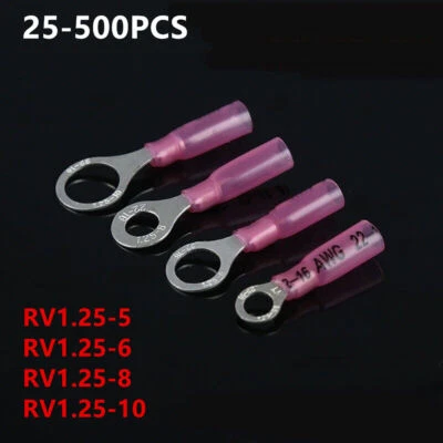 25-300X Insulated Heat Shrink Ring Terminals 22-16AWG Wire Crimp Connectors MIX - Image 1 of 4