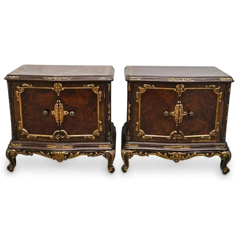Pair Of Antique French Carved Wood Bedside Night Tables Cover