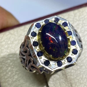 Natural Black Fire Opal Men’s Ring 925 Silver Handmade Sapphire Accent Jewelry - Picture 1 of 10