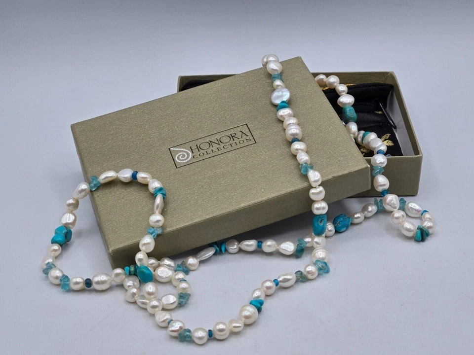 Honora Collection 珍珠项链绿松石口音 925 银扣长 40 — 第 1/4 张图片