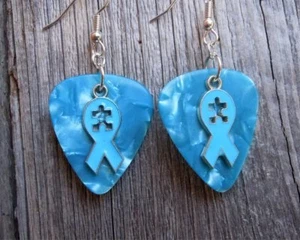 Aqua Ribbon with Puzzle Piece Cut Out Charm Guitar Pick Earrings - Picture 1 of 5