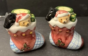 Vintage 1990's Christmas Stocking w/ Teady Bear S&P Salt & Pepper Shaker Set B37 - Picture 1 of 4
