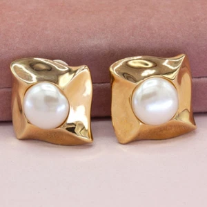 Givenchy Vintage Cabochon Earrings Gold Chunky Drop Pearl Clip-On - Picture 1 of 20