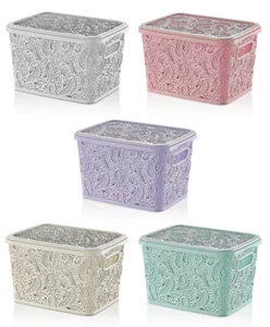 Small Large Lace Plastic Storage Box Lid Basket Container Kitchen Home Office - Picture 1 of 10